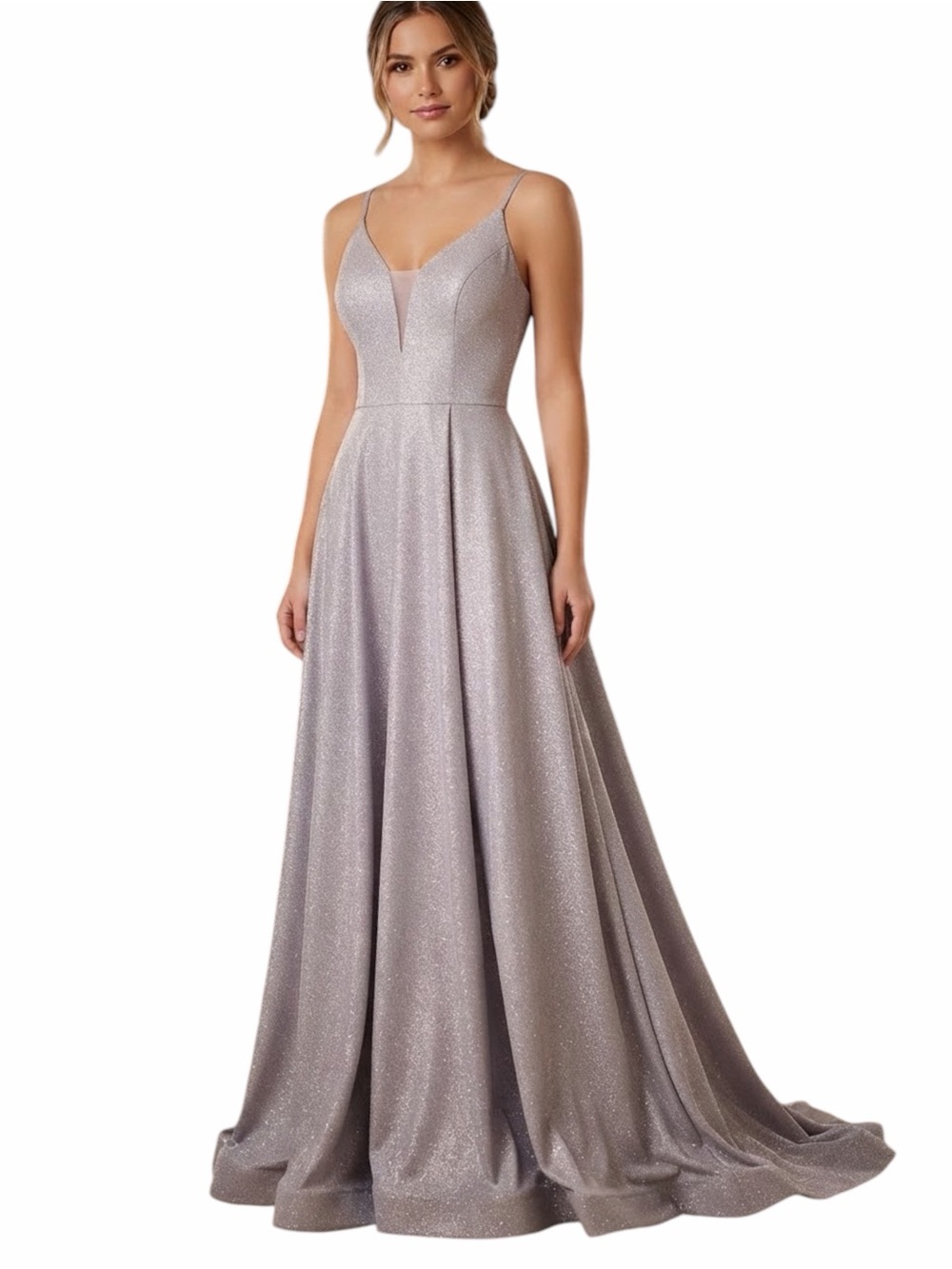 B Darlin Pink Champagne Glitter V-Neck Maxi Prom Formal Dress Size 9/10